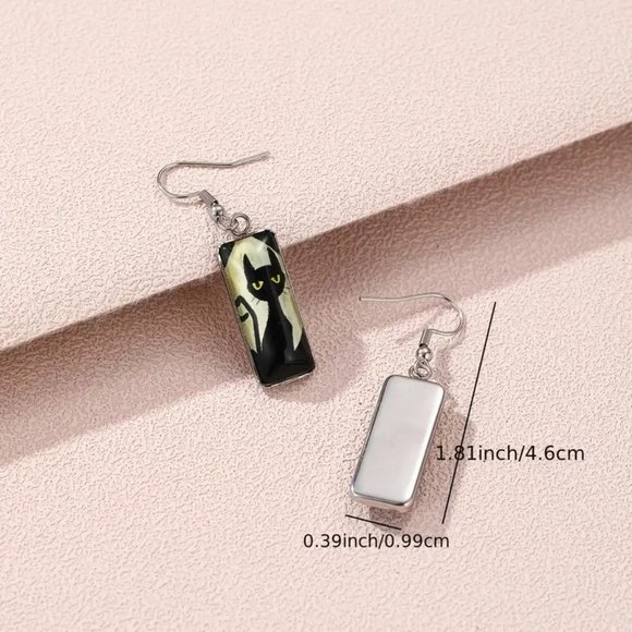 Cat and Moon Drop Hook Earrings Silver Halloween Goth Unique Glam NWT - Picture 2 of 4